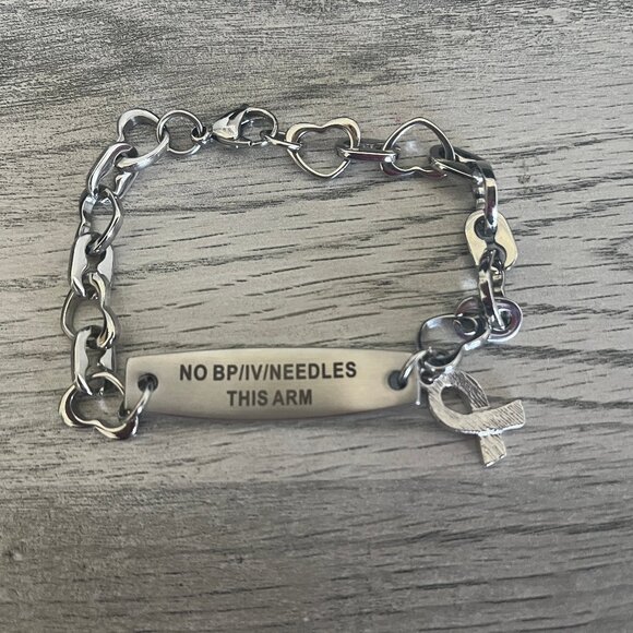 NEW! Medical Id Stainless Pink Ribbon Heart Bracelet Lymphedema Alert No Bp IV - Picture 2 of 2